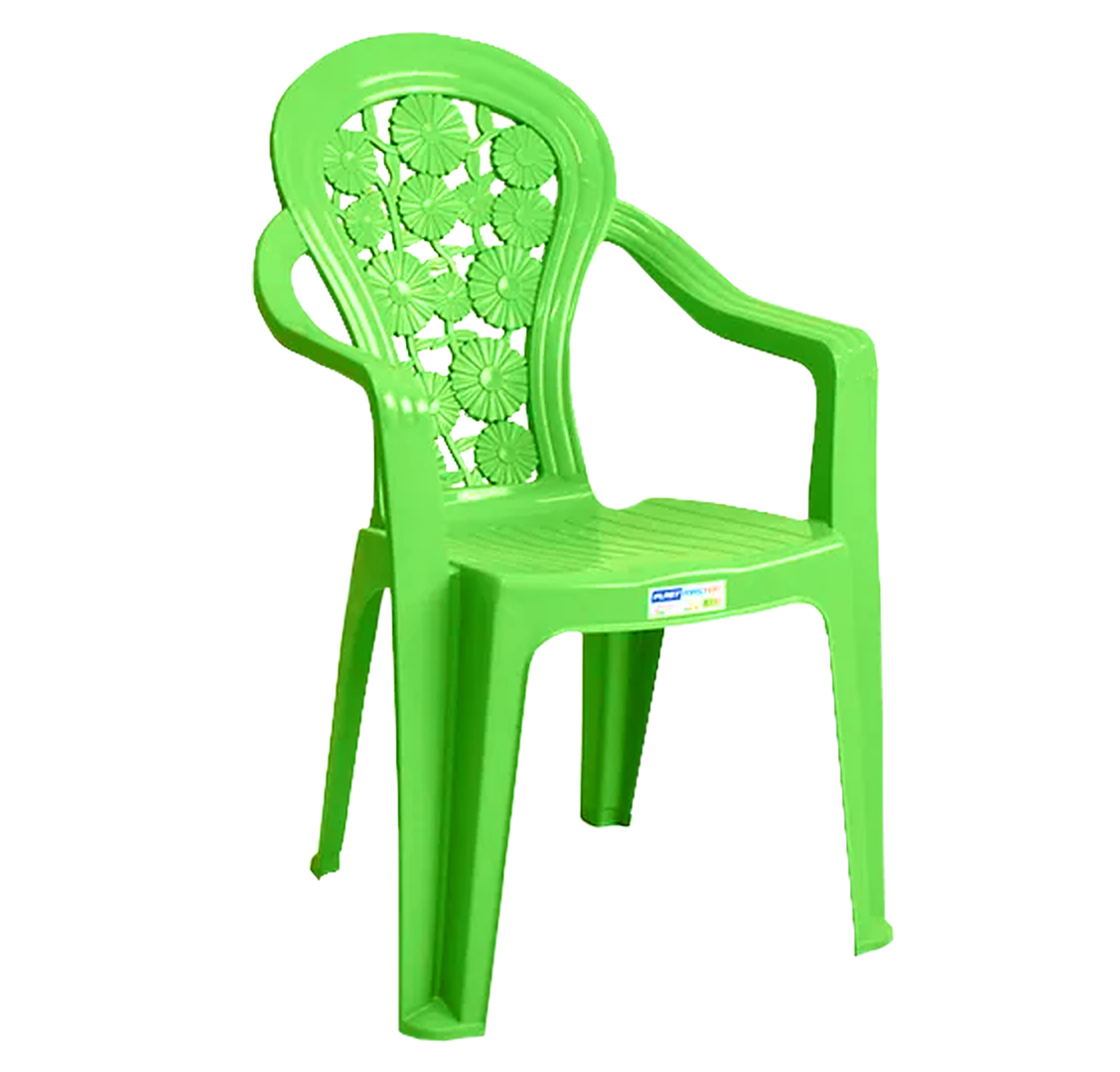 Poltrona Cici verde-limão de plástico, com braços e encosto decorado