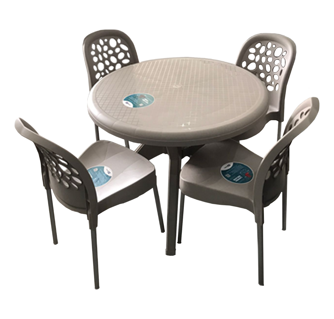 Conjunto Deluxe: mesa redonda com quatro cadeiras marrons e almofadas